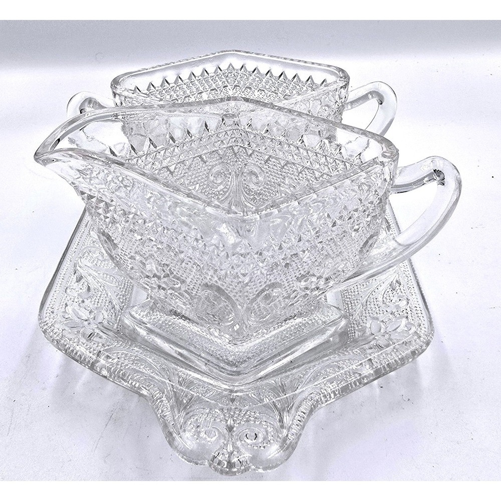 Vintage Clear Glass Embossed Floral Pattern Creamer‎ and Sugar Bowl with Tray